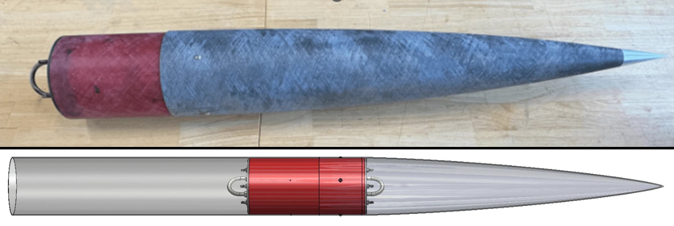 Sabre I nosecone CAD in SolidWorks: the ogive profile and internal coupling that mates to the forward airframe. Designing the nosecone is where aerodynamic drag shape and recovery payload packaging meet, so the geometry had to reconcile a clean ogive for apogee performance with enough internal volume for the recovery hardware.