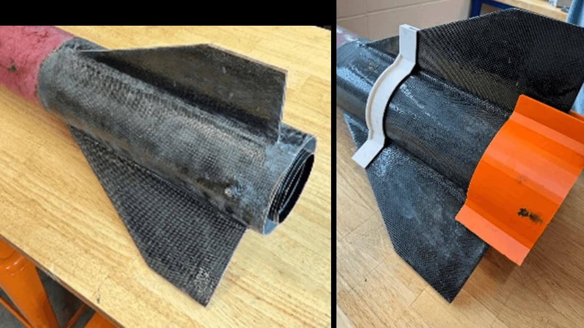 Sabre I fin CAD in SolidWorks: the trapezoidal fin planform and fin-can interface at the aft airframe, rendered in Carbon-Fiber-Reinforced G10 Fiberglass. Fin geometry was the primary variable tuned against OpenRocket's stability calibers and predicted apogee band, which is why this subassembly is what the iteration loop centered on.